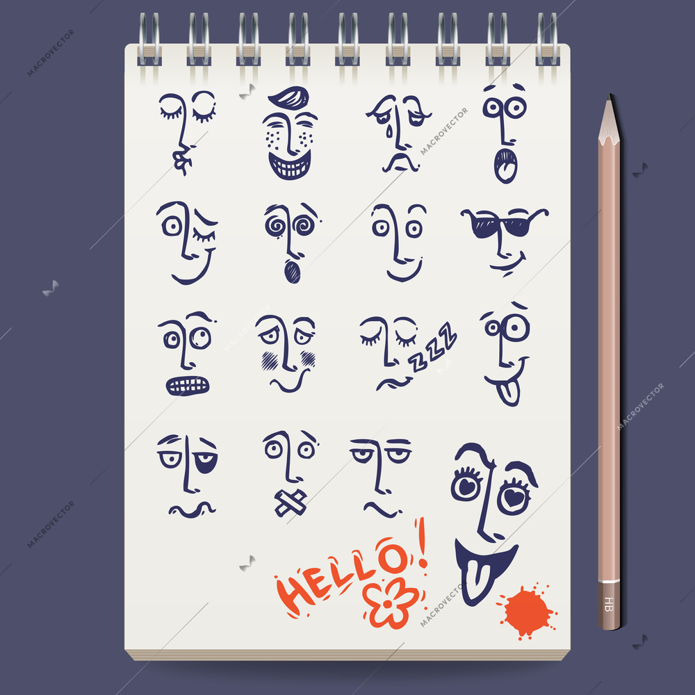 Notebook with sketch faces characters and emoticons and pencil vector illustration