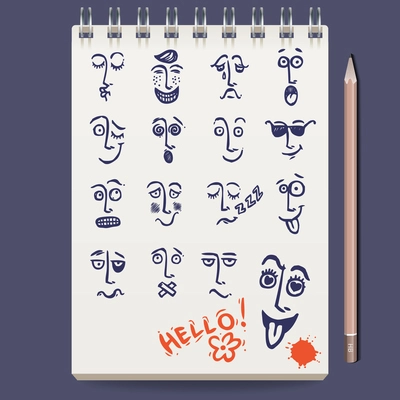 Notebook with sketch faces characters and emoticons and pencil vector illustration