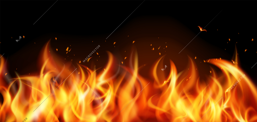 Realistic and colored flame fire concept long flames on a dark background vector illustration