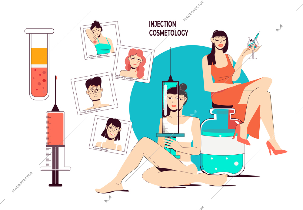 Injection cosmetology flat vector illustration with people having skin problems or improving face with beauty injections