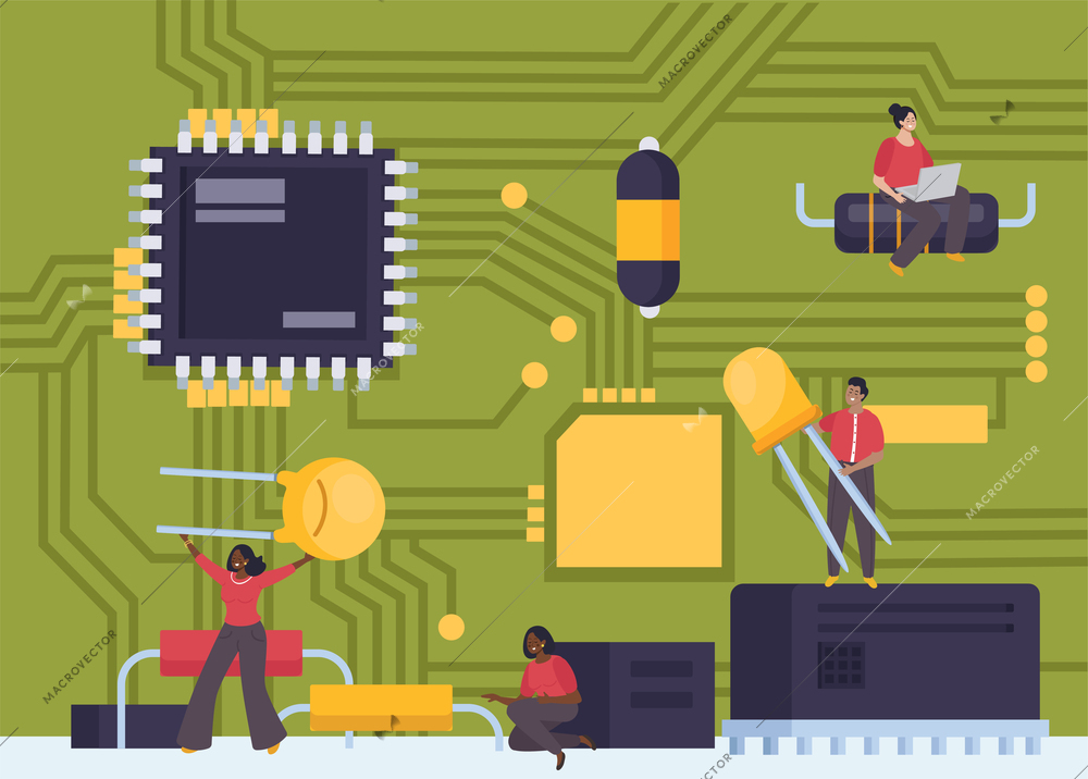 Microchip flat composition with tiny people holding electronic components on circuit board background vector illustration