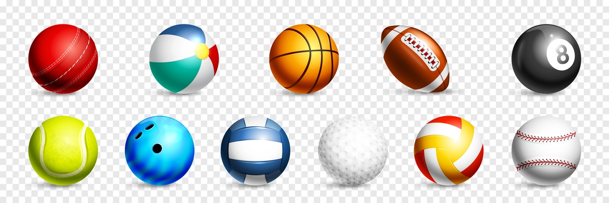 Realistic sport ball transparent icon set basketball soccer beach rugby tennis golf bowling billiard balls vector illustration