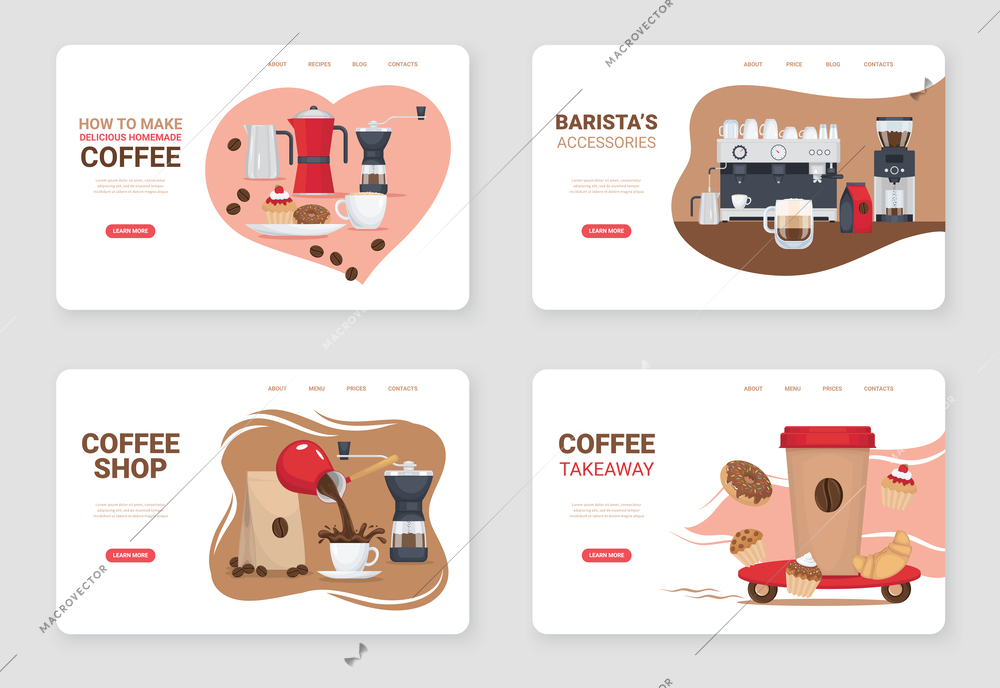 Barista flat cards set with coffee shop items isolated vector illustration