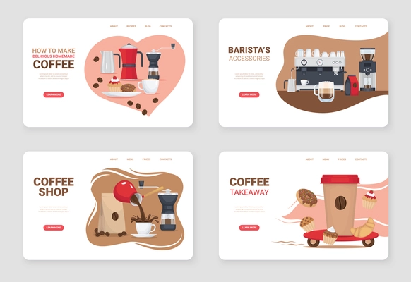 Barista flat cards set with coffee shop items isolated vector illustration