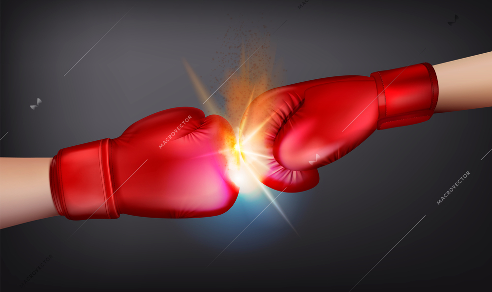 Boxing gloves realistic composition with view of two striking hands in gloves with shiny light burst vector illustration