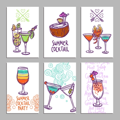 Advertising business cards set with hand drawn alcohol cocktails isolated vector illustration