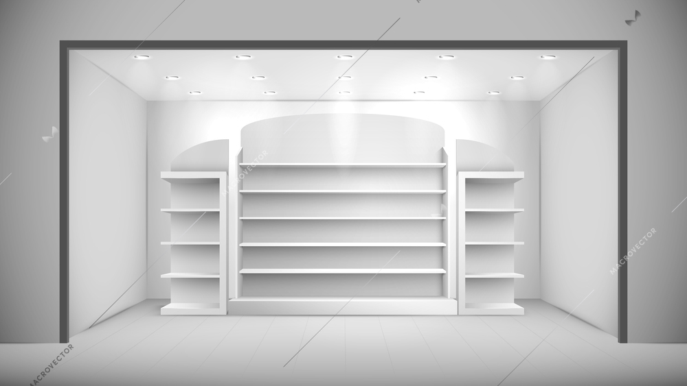 Realistic store interior with empty white shelves and ceiling lights vector illustration