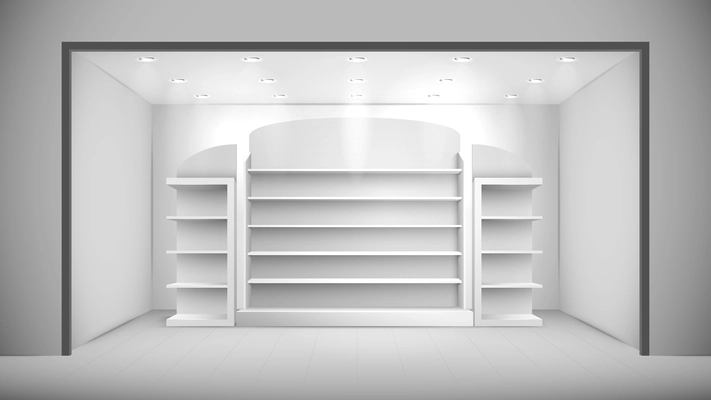 Realistic store interior with empty white shelves and ceiling lights vector illustration