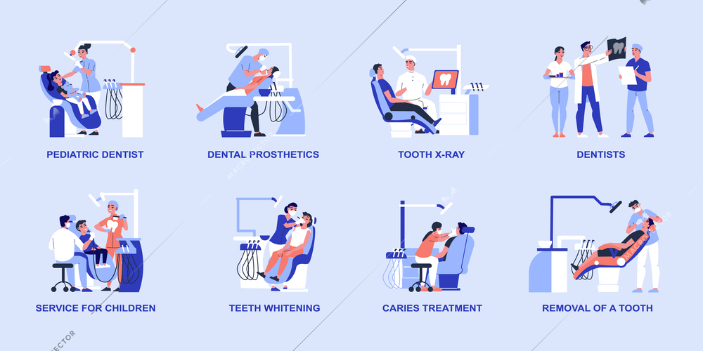Dentist medical compositions set with treatment symbols flat isolated vector illustration