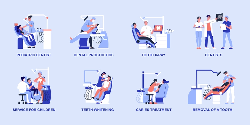Dentist medical compositions set with treatment symbols flat isolated vector illustration