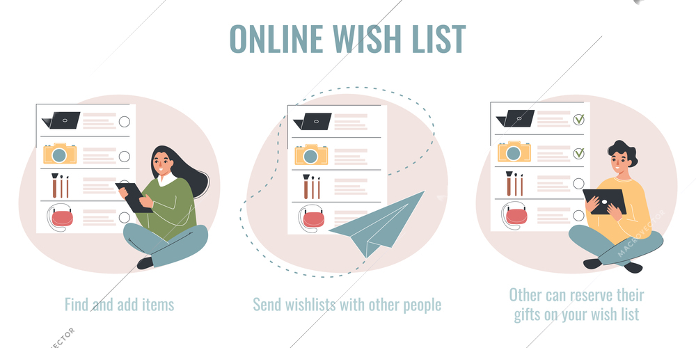 Online wish list infographic set with reserve gift symbols flat isolated vector illustration