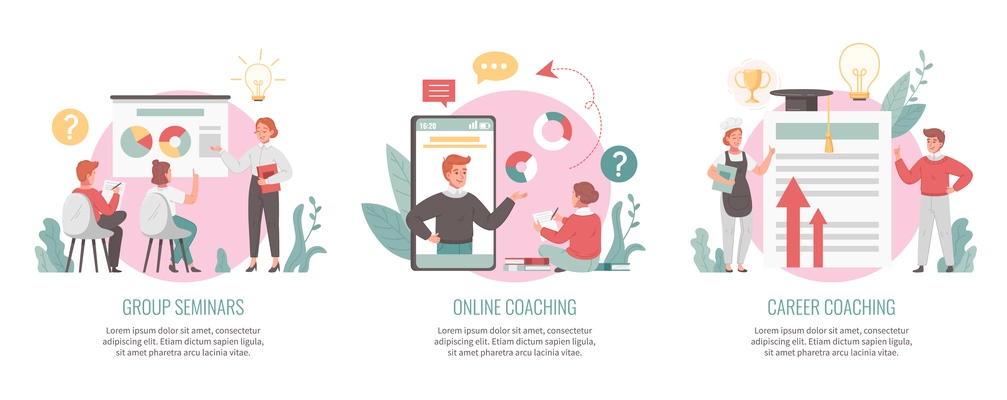 Coaching flat compositions set with career training and online seminars isolated vector illustration