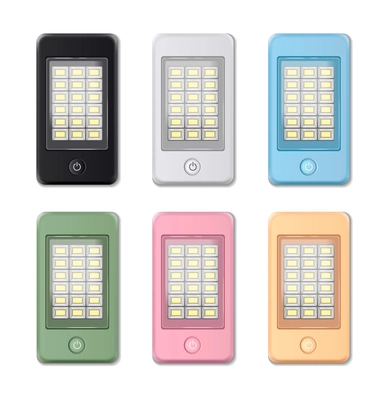 Powerbank realistic icons set with multicolor battery chargers isolated vector illustration