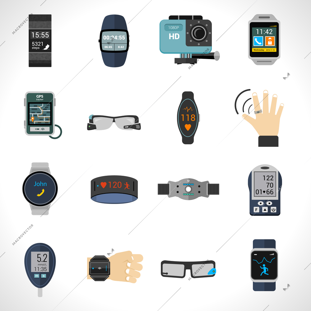 Wearable technology icons set with smart portable electronic devices isolated vector illustration