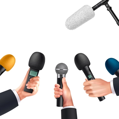 Microphone realistic icons set with reporter hands holding audio equipment vector illustration