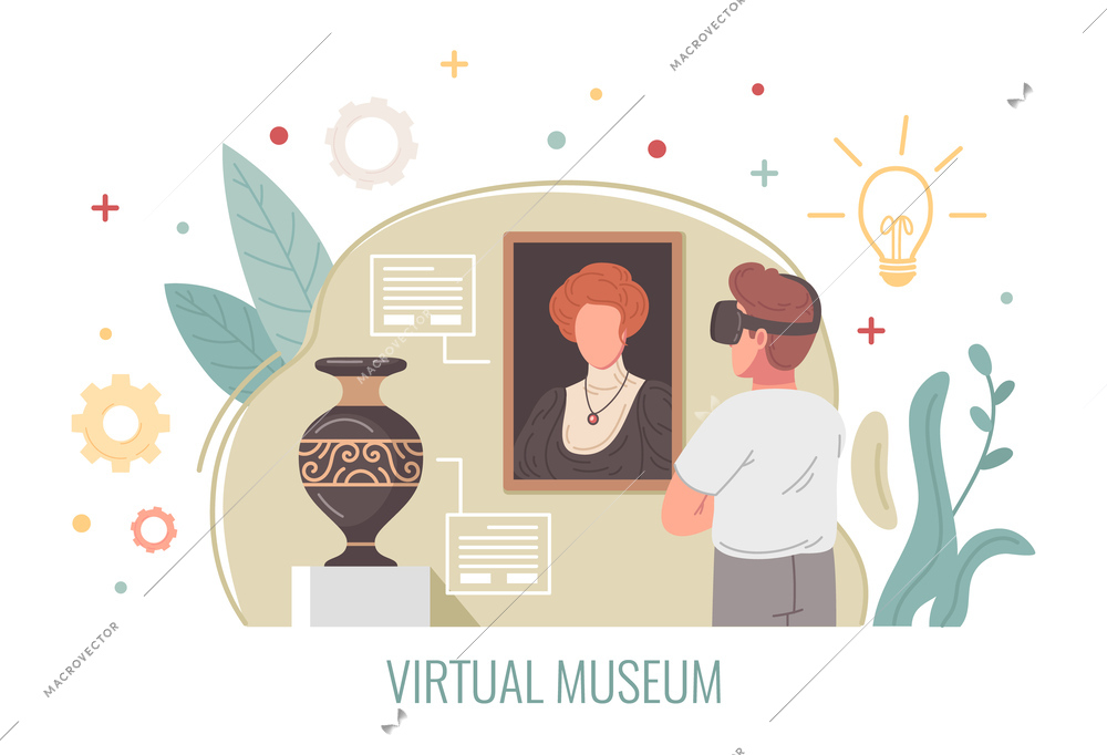 Virtual reality museum cartoon concept with man having exhibition tour in cyberspace vector illustration