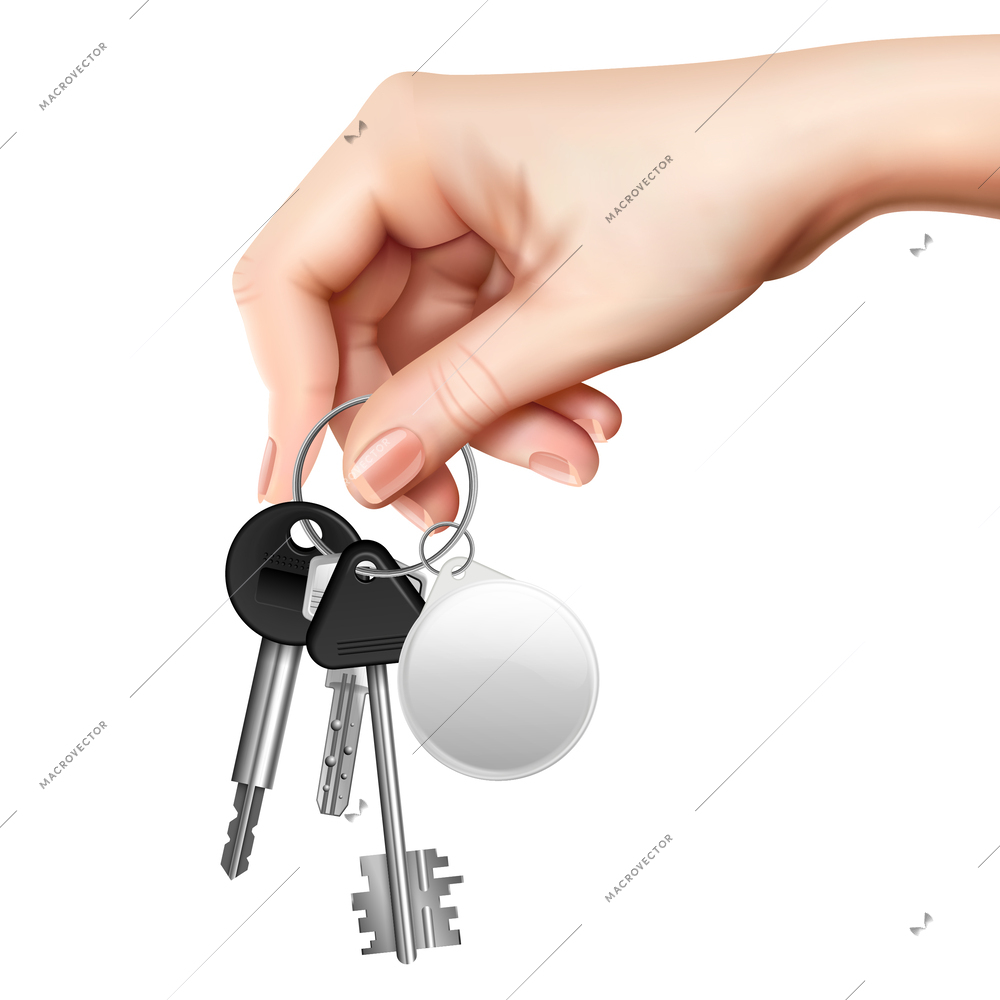 Realistic colored keys keyholes concept human hand holds a keychain with a keychain vector illustration