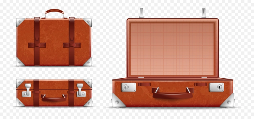 Realistic retro travel baggage transparent icon set from three angles on transparent background vector illustration