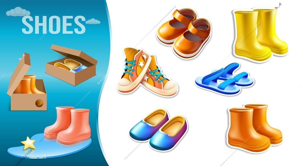 3d shoes set with composition of newly bought gifted shoes and isolated icons of different pairs vector illustration