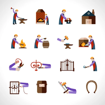 Blacksmith icons set with metal  iron steel work tools isolated vector illustration