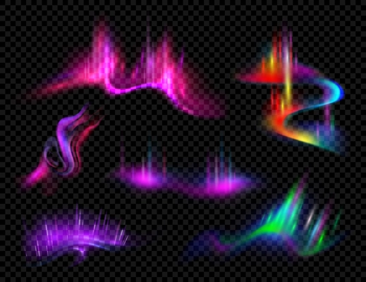 Colorful glowing polar lights of fancy shapes realistic set at dark transparent background isolated vector illustration