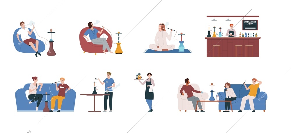 Hookah bar flat icon set guys and girls sit on couches waiters work behind the bar vector illustration