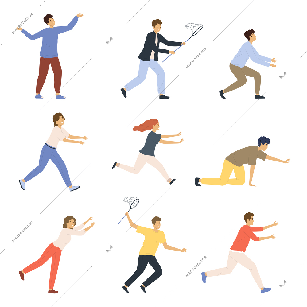 Isolated catching people flat icon set different people running after something with their arms outstretched with snares falling to their knees vector illustration