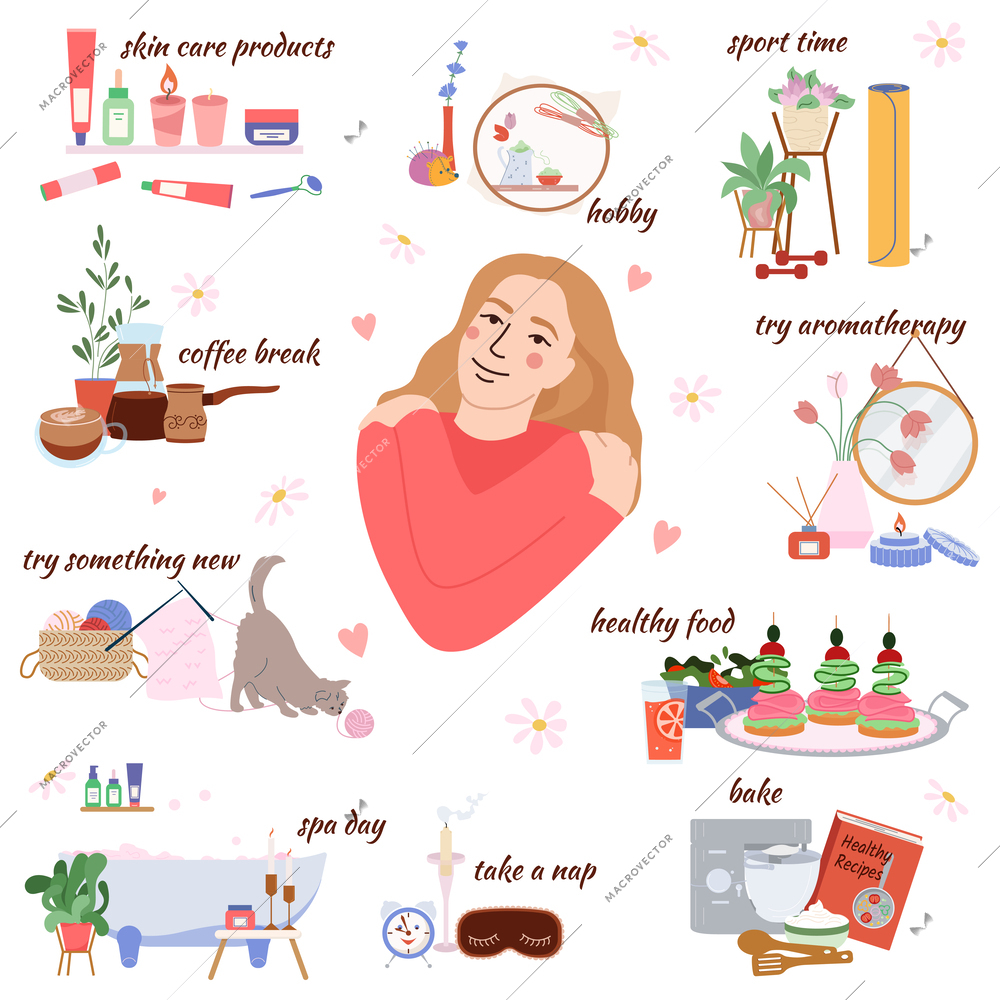 Self care composition with hobby symbols flat isolated vector illustration