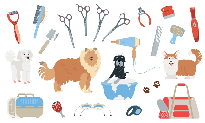 Dog grooming icons set with barber style symbols flat isolated vector illustration