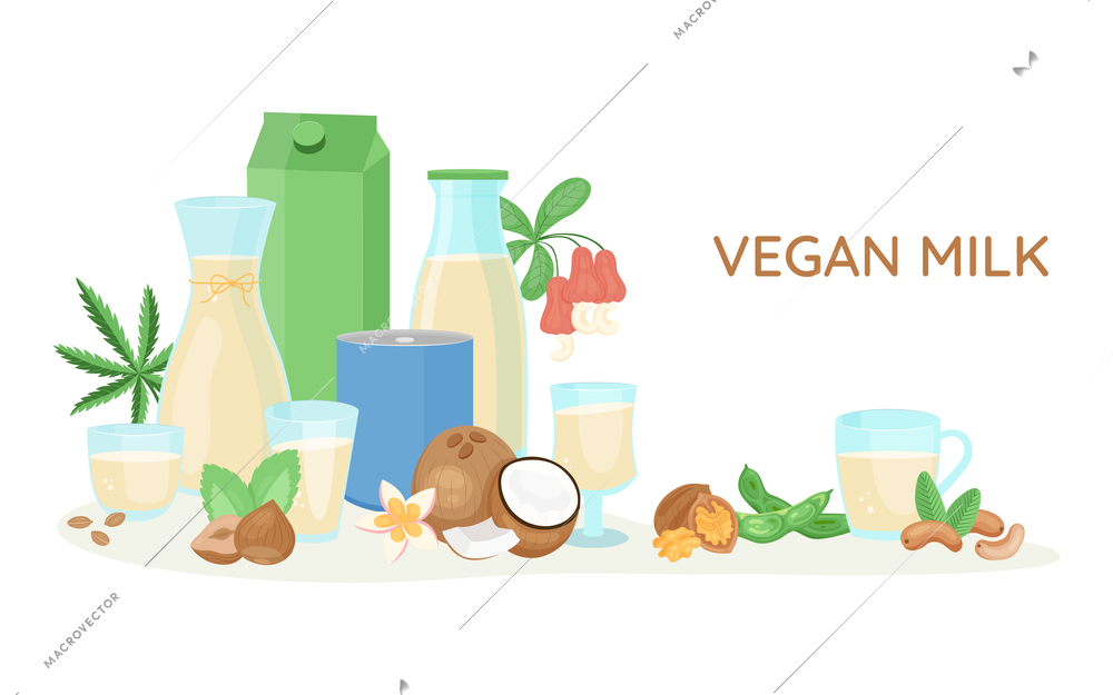 Vegan milk flat advertising composition with editable text and milk bottles glasses among leaves and coconuts vector illustration