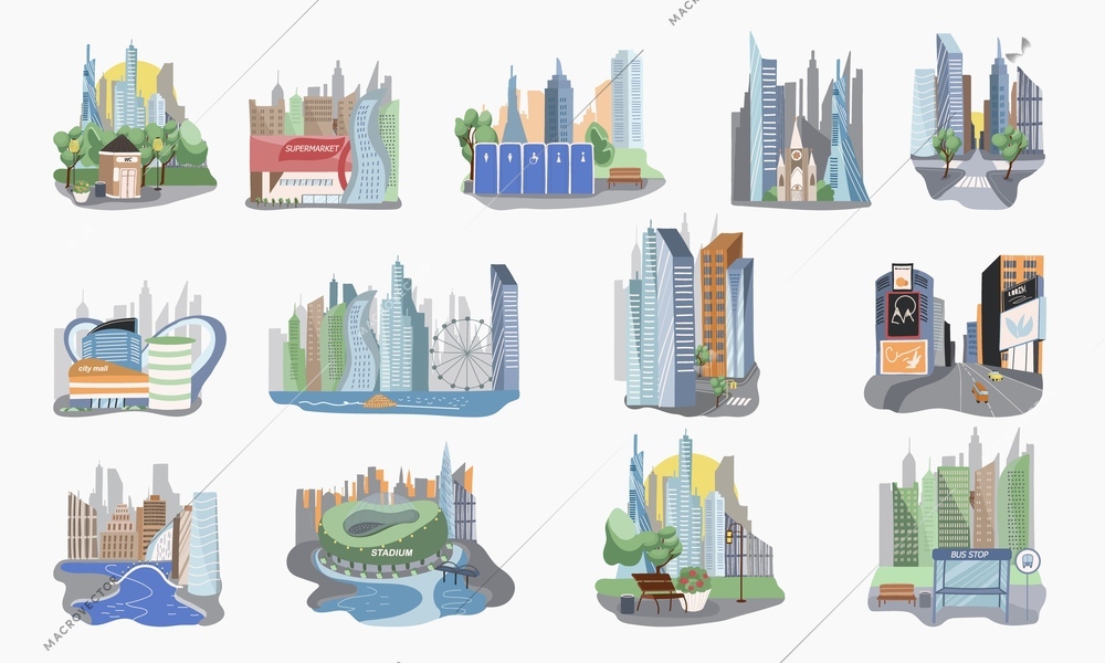 Megapolis city set with architecture symbols flat isolated vector illustration