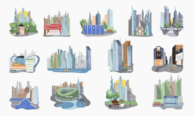 Megapolis city set with architecture symbols flat isolated vector illustration