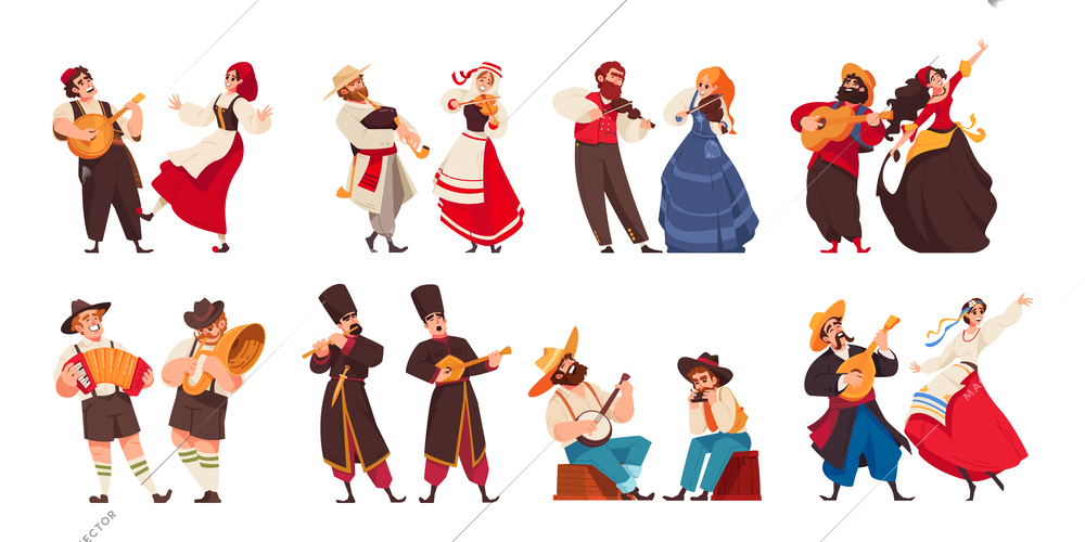 Isolated folklore music icon set with eight pairs of dancers and singers from different countries in their costumes vector illustration