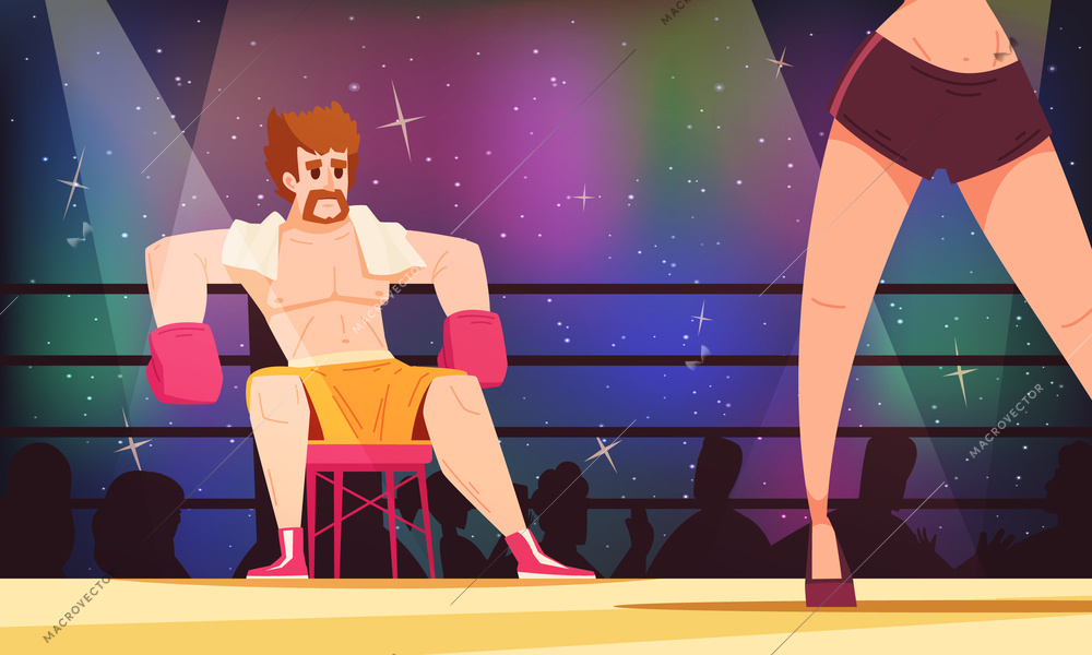 Boxing flat colored composition the boxer is resting between rounds and there is the girl standing in front of him announcing a new round vector illustration