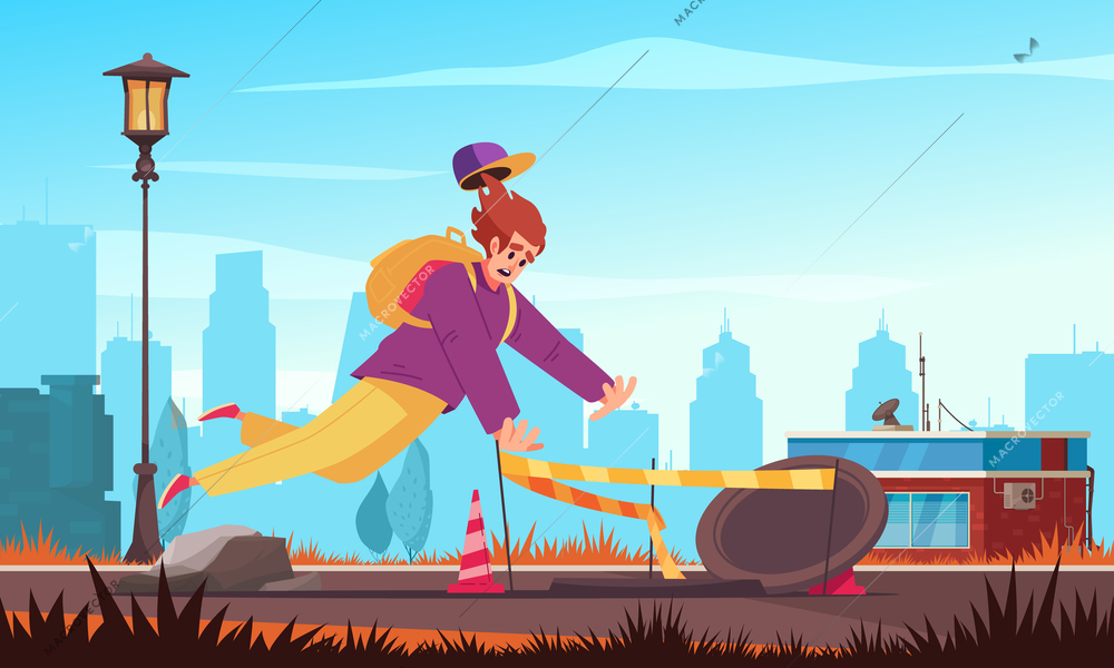 Falling people colored composition the guy tripped over the rock and falls into an open manhole in the road vector illustration