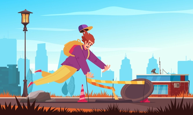 Falling people colored composition the guy tripped over the rock and falls into an open manhole in the road vector illustration