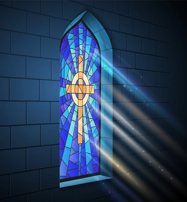 Stained glass mosaic church temple cathedral windows light composition with indoor view of window with cross vector illustration