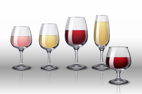 Alcohol drinks glassware composition with realistic front view with various glasses of wine on gradient background vector illustration