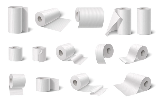 Toilet paper kitchen towels rolls set with isolated icons and realistic images of soft tissue paper vector illustration