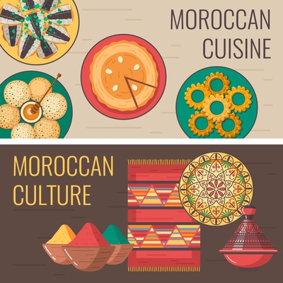 Morocco touristic travel set of two horizontal banners with editable text and served traditional moroccan dishes vector illustration