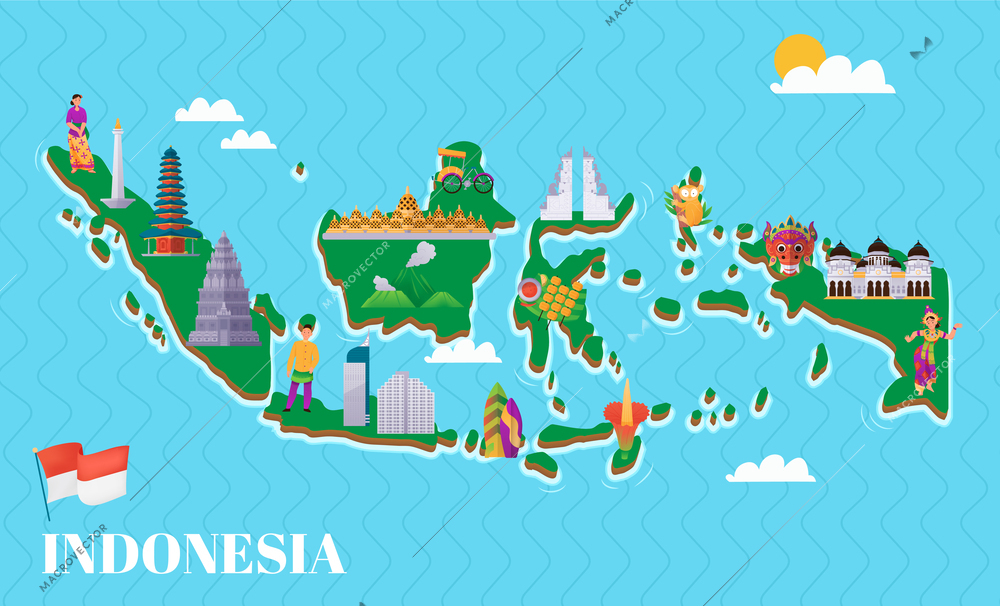 Indonesia map poster with travel symbols and landmarks flat vector illustration