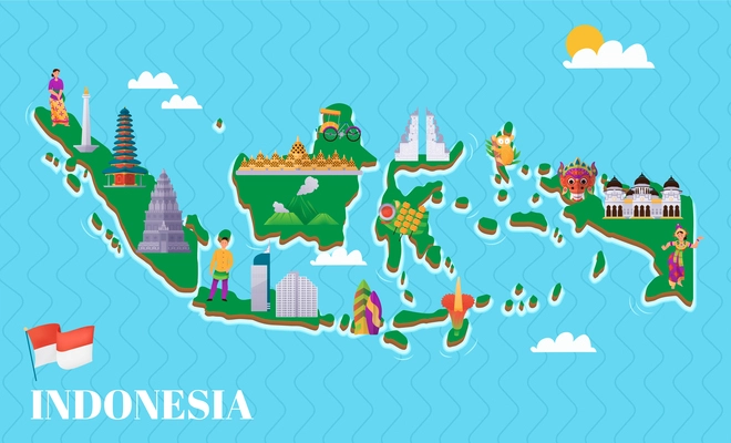 Indonesia map poster with travel symbols and landmarks flat vector illustration