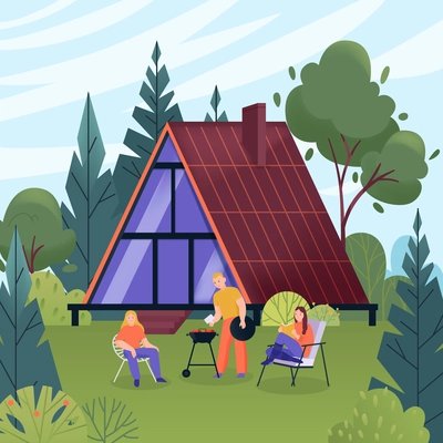 Glamping flat concept with people making barbeque in forest with modern house on background vector illustration