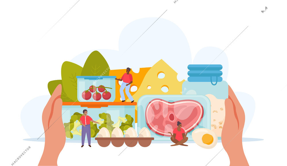 Food containers and zero waste storage composition with human hands and characters with to go boxes vector illustration