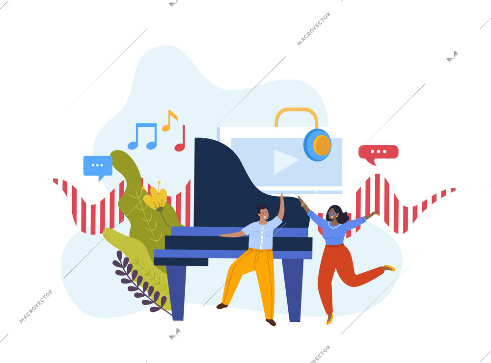 Music school flat composition with view of sound wave notes and grand piano with doodle people vector illustration