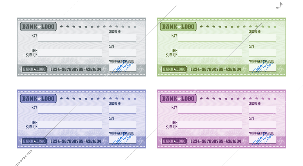 Multicolored blank bank check with handwritten signature realistic set isolated at white background vector illustration