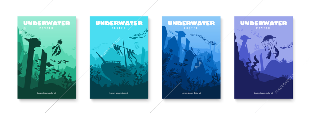 Underwater colored poster set with  silhouettes of sunken ships reefs fishes and other sea inhabitants isolated vector illustration