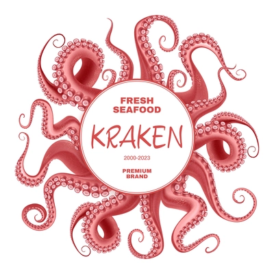 Fresh seafood ads abstract round frame consisting of red kraken tentacles realistic vector illustration