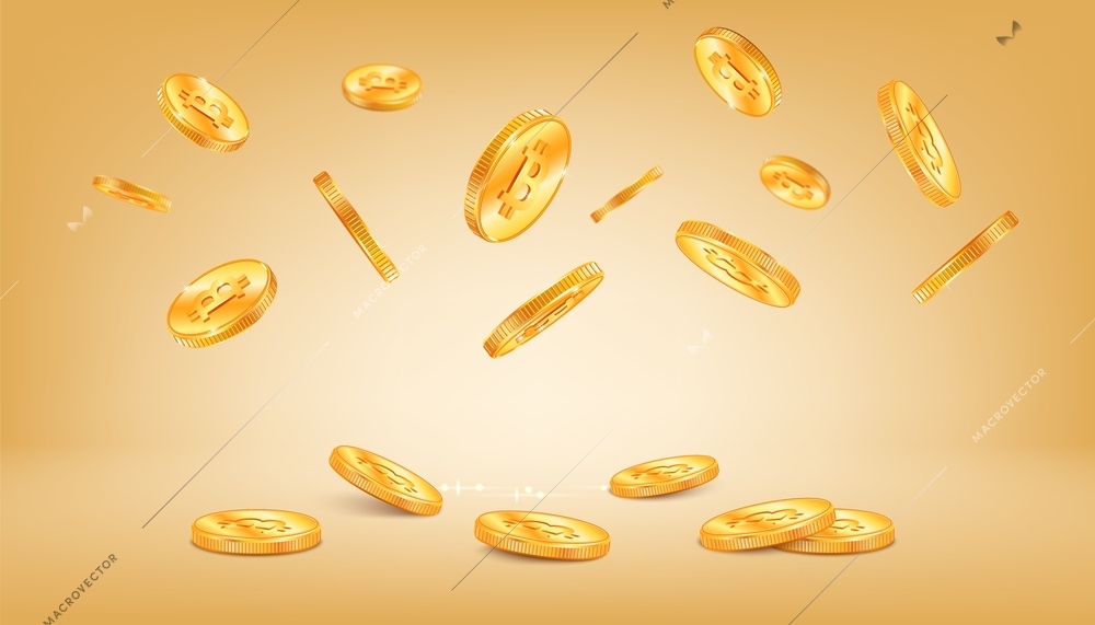 Crypto coin realistic composition with gradient background and flying single golden coins with engraved coinage symbols vector illustration