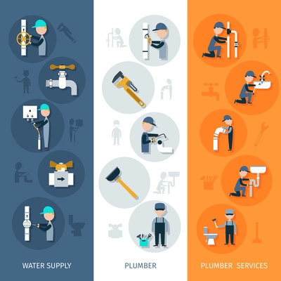 Plumber vertical banner set with water supply services flat elements isolated vector illustration